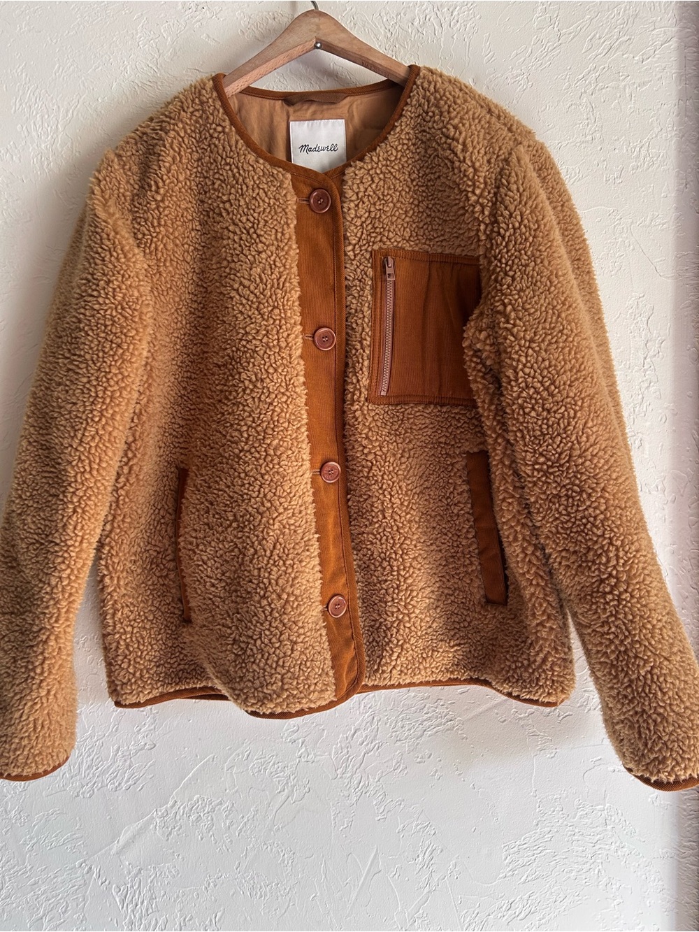 Madewell Sherpa jacket in Chestnut, size Large, corduroy trim, cozy fall jacket!
